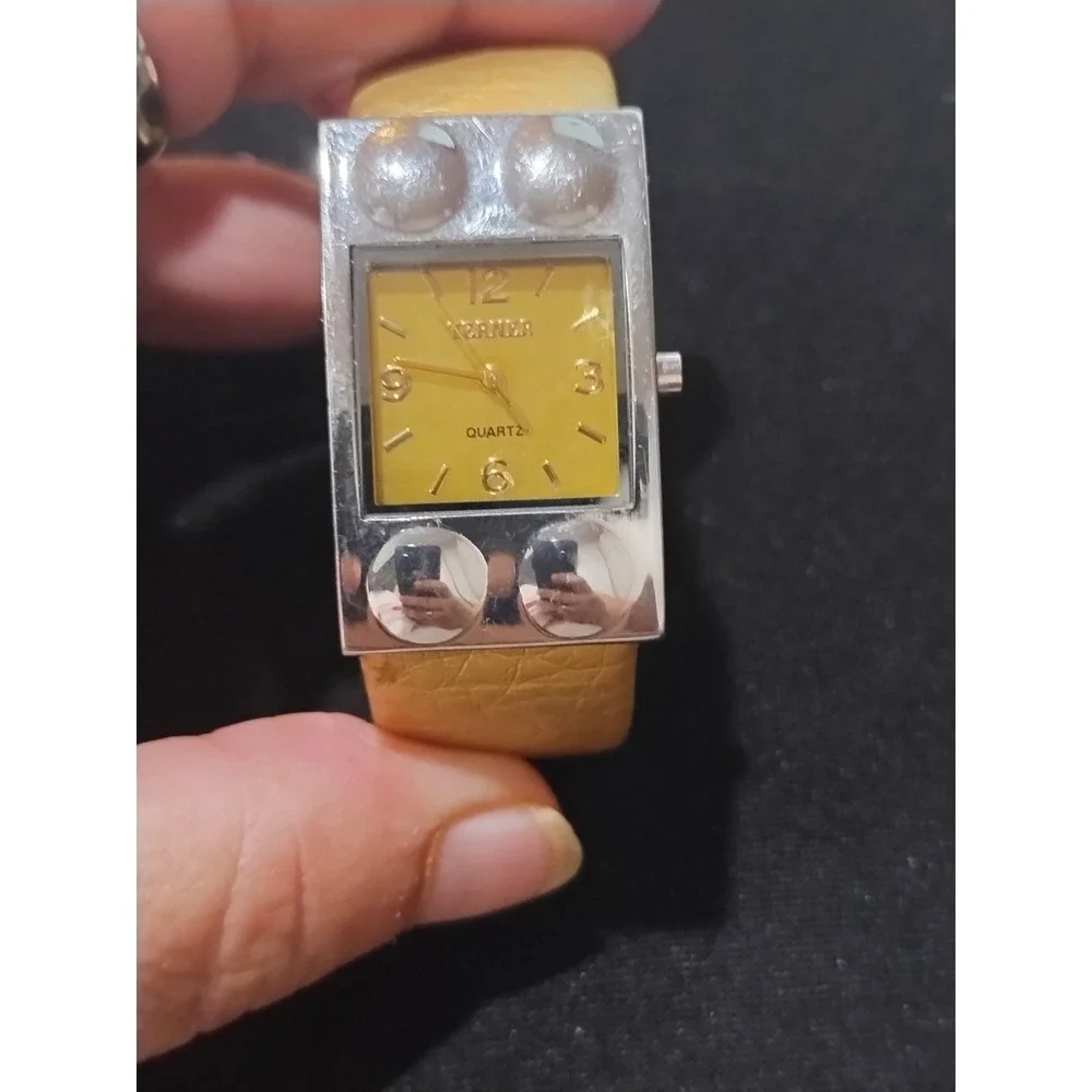 Vintage Terner Womens Quartz Watch Yellow Dial Silver Tone Studded Cuff K-26426